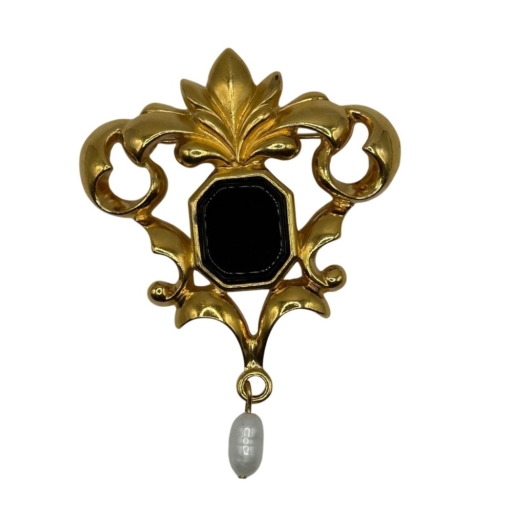 Vintage Ornate Victorian Revival Gold Black Pearl Brooch from Avon